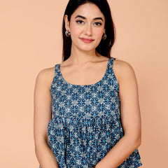 Women's Teal Blue Floral Printed Cotton Only Top