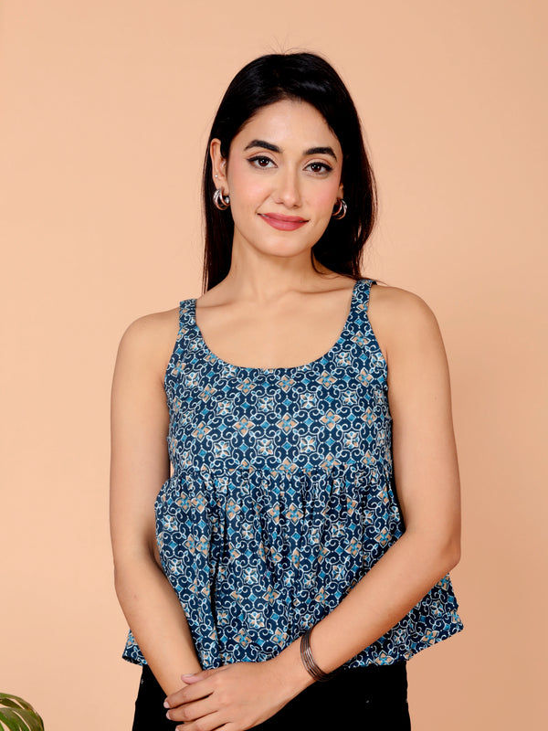 Women's Teal Blue Floral Printed Cotton Only Top