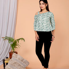 Women's Light Green Floral Printed Cotton Only Top
