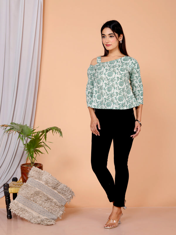 Women's Light Green Floral Printed Cotton Only Top