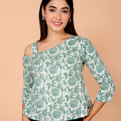Women's Light Green Floral Printed Cotton Only Top