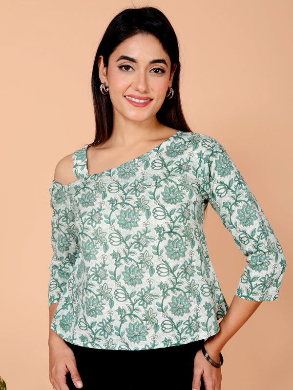 Women's Light Green Floral Printed Cotton Only Top