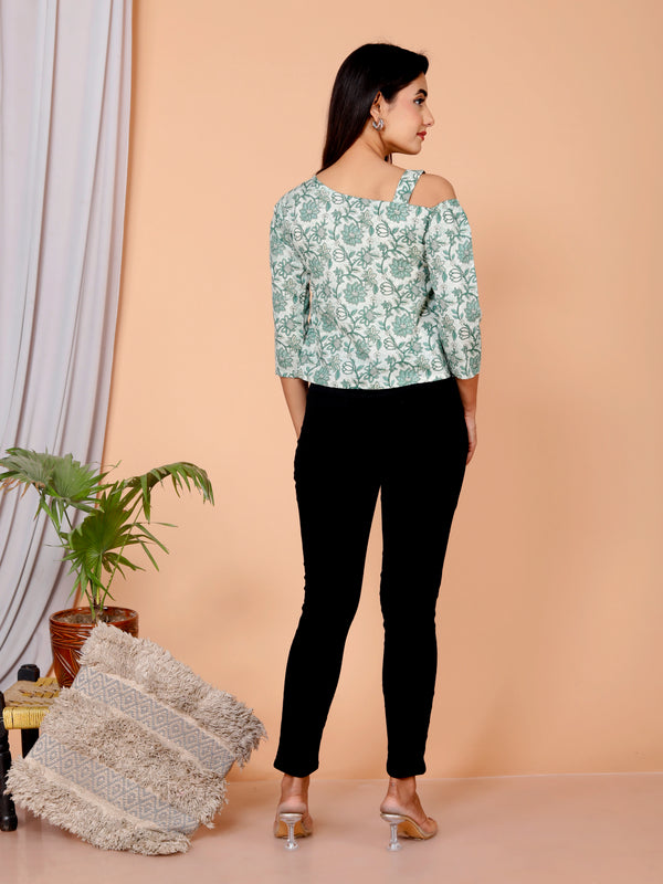 Women's Light Green Floral Printed Cotton Only Top