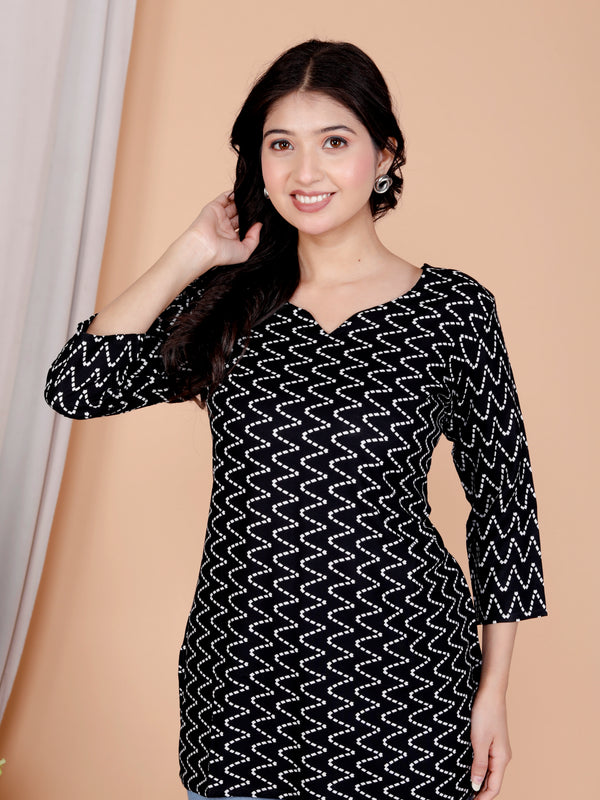 Black zigzag Printed Short Kurti Cotton Blend