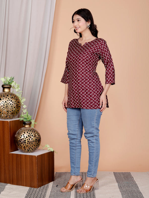 Black zigzag Printed Short Kurti Cotton Blend