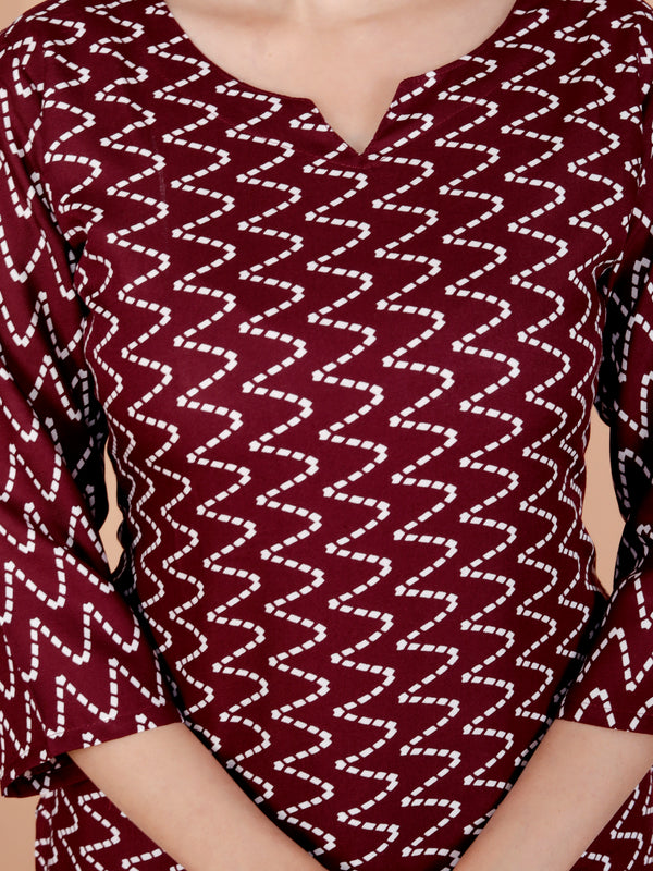 Maroon Zigzag Printed Short Kurti Cotton Blend