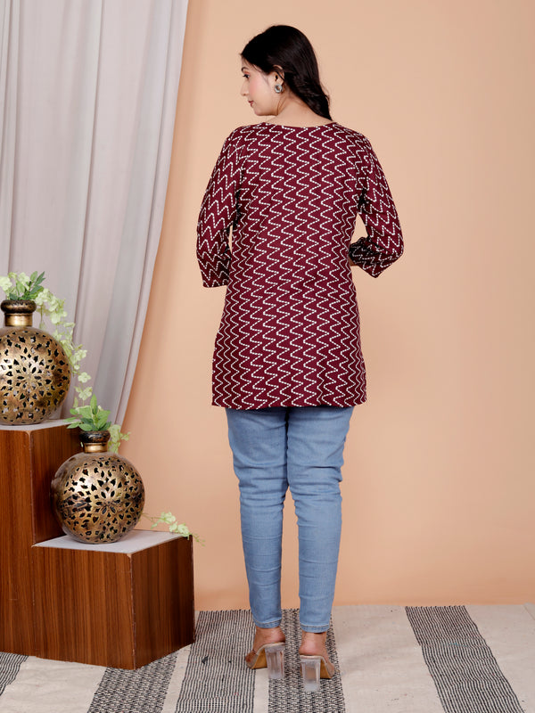 Maroon Zigzag Printed Short Kurti Cotton Blend