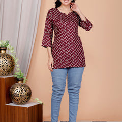 Maroon Zigzag Printed Short Kurti Cotton Blend