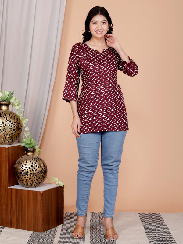 Maroon Zigzag Printed Short Kurti Cotton Blend