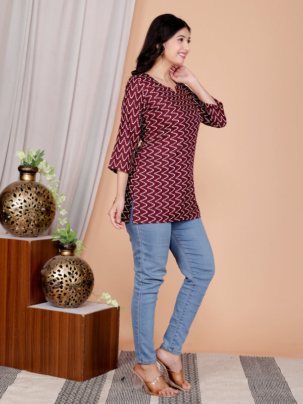 Maroon Zigzag Printed Short Kurti Cotton Blend