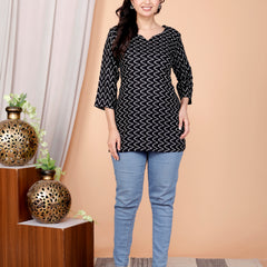 Black zigzag Printed Short Kurti Cotton Blend