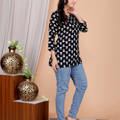 Black Buti Printed Short Kurti Cotton Blend