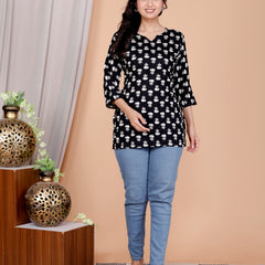 Black Buti Printed Short Kurti Cotton Blend