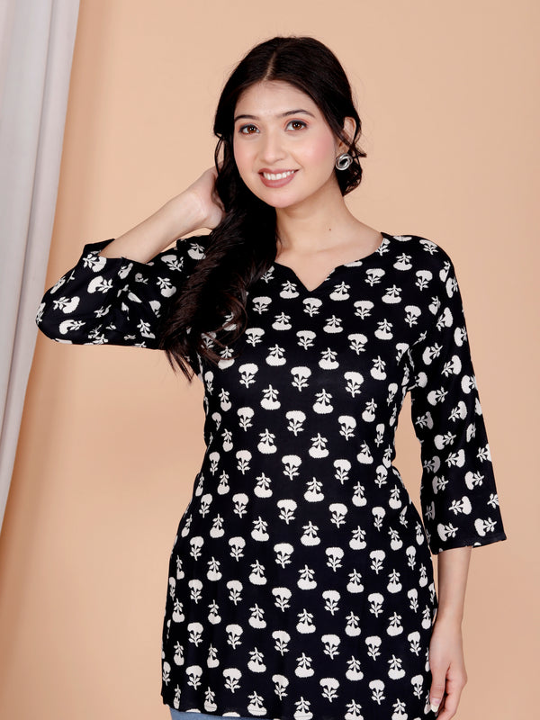 Black Buti Printed Short Kurti Cotton Blend