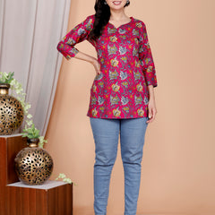 Purple Printed Short Kurti Cotton Blend