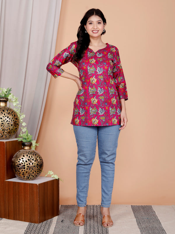 Purple Printed Short Kurti Cotton Blend