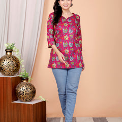 Purple Printed Short Kurti Cotton Blend