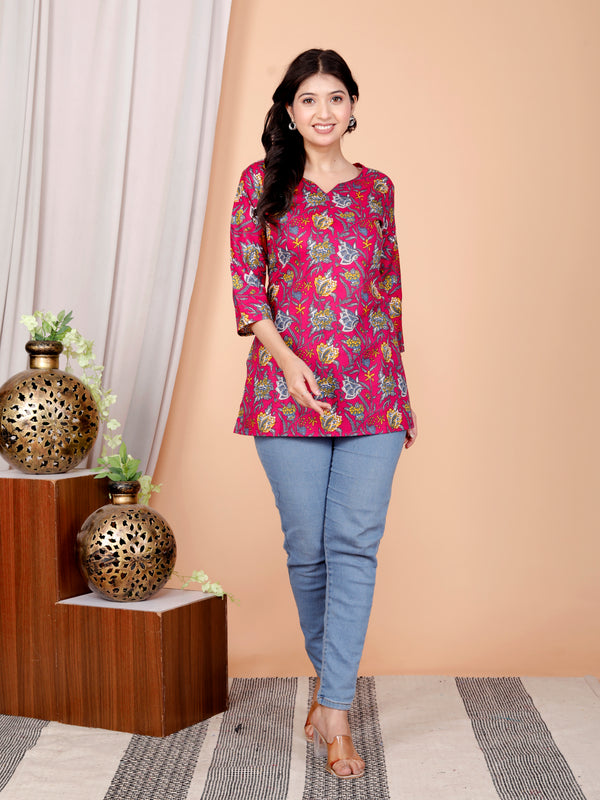 Purple Printed Short Kurti Cotton Blend