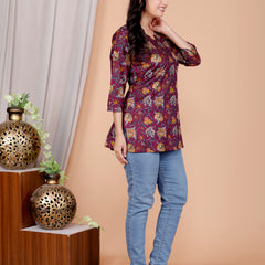 Purple Printed Short Kurti Cotton Blend