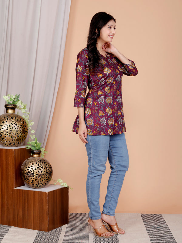 Purple Printed Short Kurti Cotton Blend