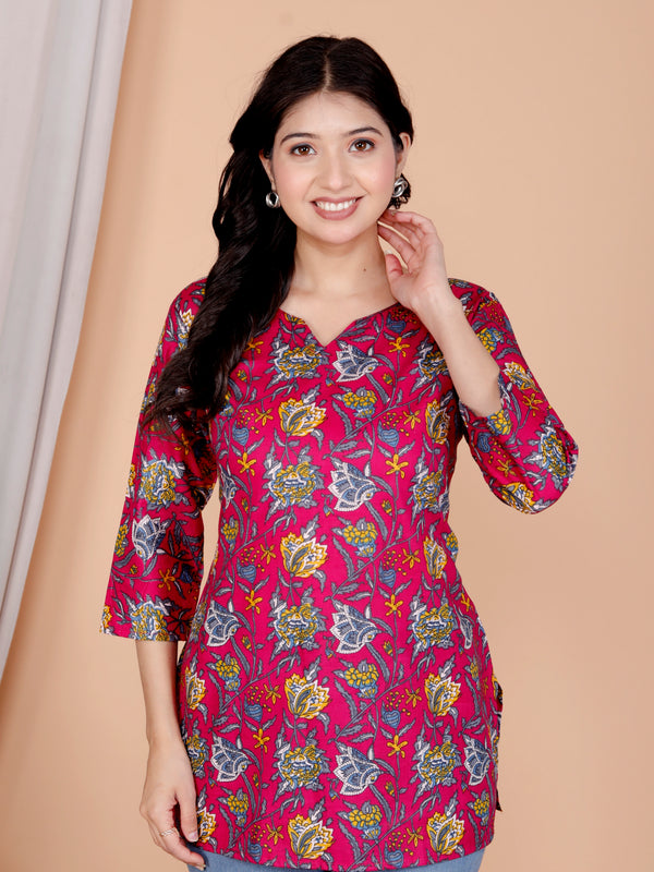 Purple Printed Short Kurti Cotton Blend