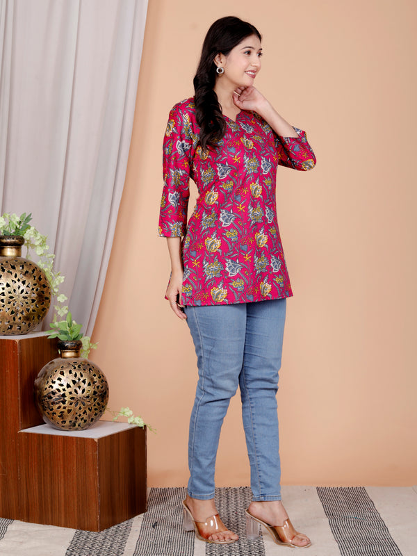 Purple Printed Short Kurti Cotton Blend