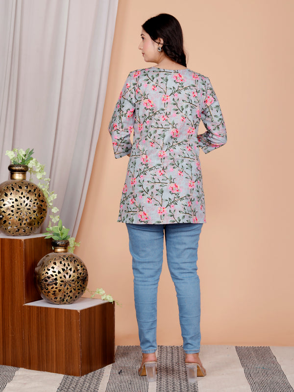 Grey Printed Short Kurti Cotton Blend