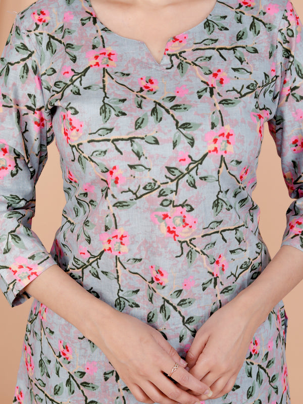 Grey Printed Short Kurti Cotton Blend
