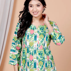Green Printed Short Kurti Cotton Blend