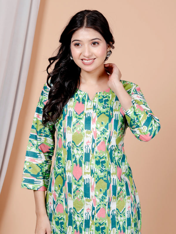 Green Printed Short Kurti Cotton Blend