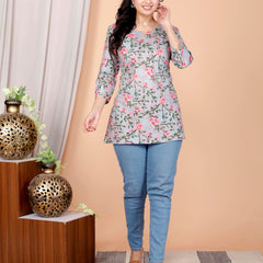 Grey Printed Short Kurti Cotton Blend