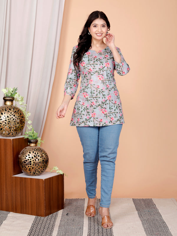 Grey Printed Short Kurti Cotton Blend