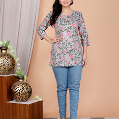 Grey Printed Short Kurti Cotton Blend