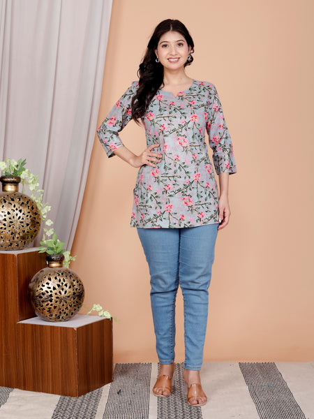 Grey Printed Short Kurti Cotton Blend