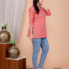 Red Printed Short Kurti Cotton Blend