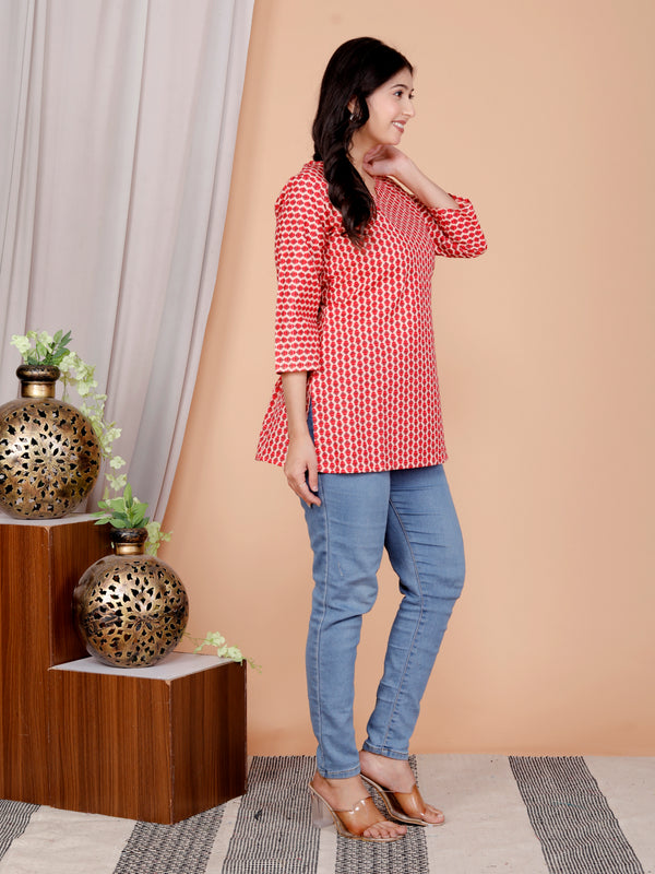 Red Printed Short Kurti Cotton Blend