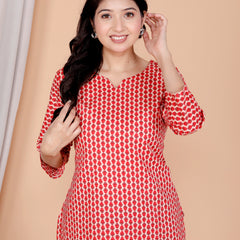 Red Printed Short Kurti Cotton Blend
