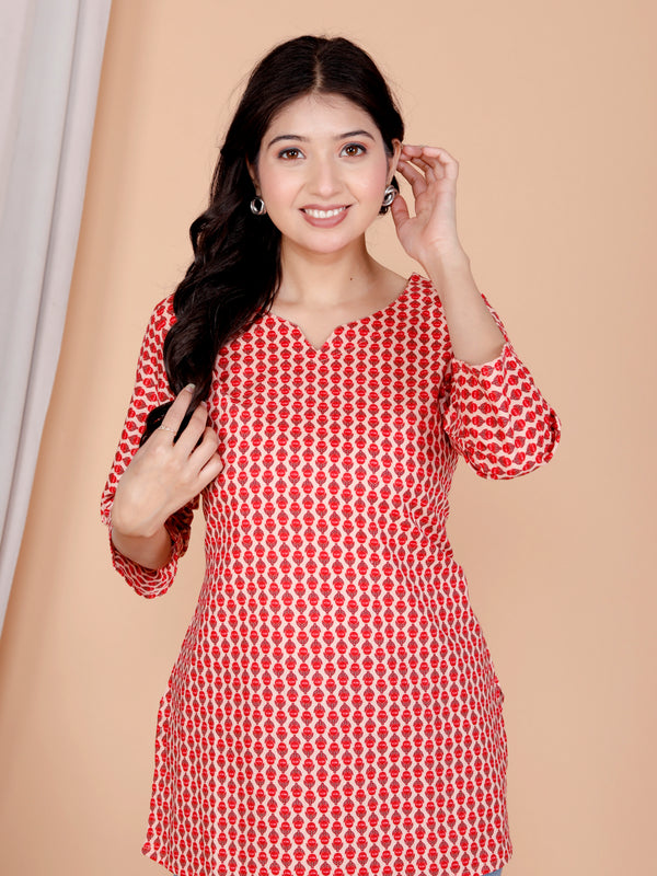 Red Printed Short Kurti Cotton Blend