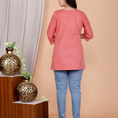 Red Printed Short Kurti Cotton Blend