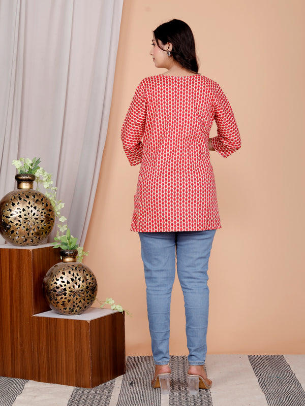Red Printed Short Kurti Cotton Blend