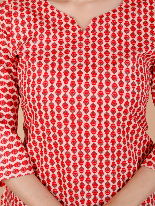 Red Printed Short Kurti Cotton Blend