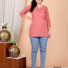 Red Printed Short Kurti Cotton Blend
