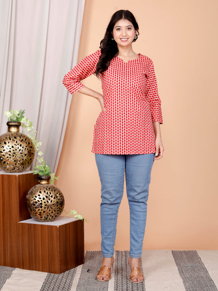 Red Printed Short Kurti Cotton Blend