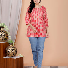 Red Printed Short Kurti Cotton Blend