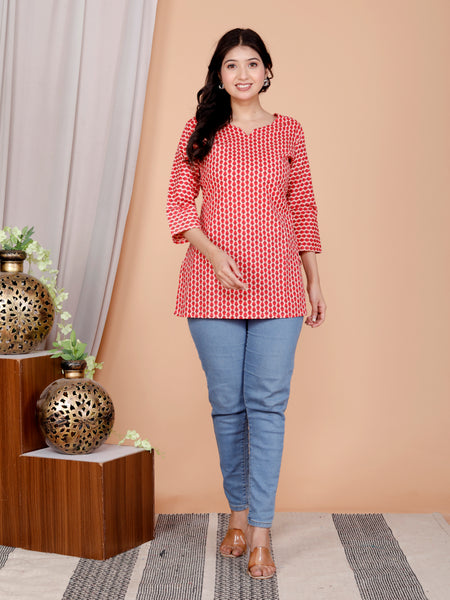 Red Printed Short Kurti Cotton Blend