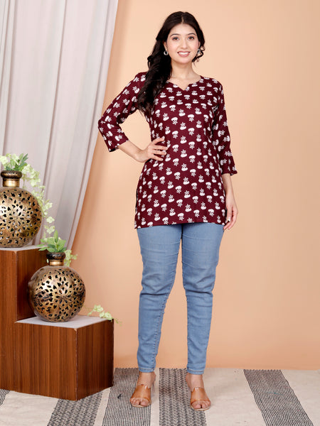 Maroon Buti Printed Short Kurti Cotton Blend