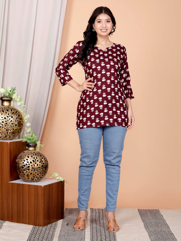 Black Buti Printed Short Kurti Cotton Blend
