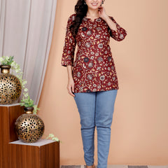 Maroon Bird Printed Short Kurti Cotton Blend