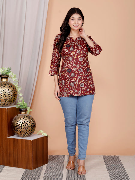 Maroon Bird Printed Short Kurti Cotton Blend