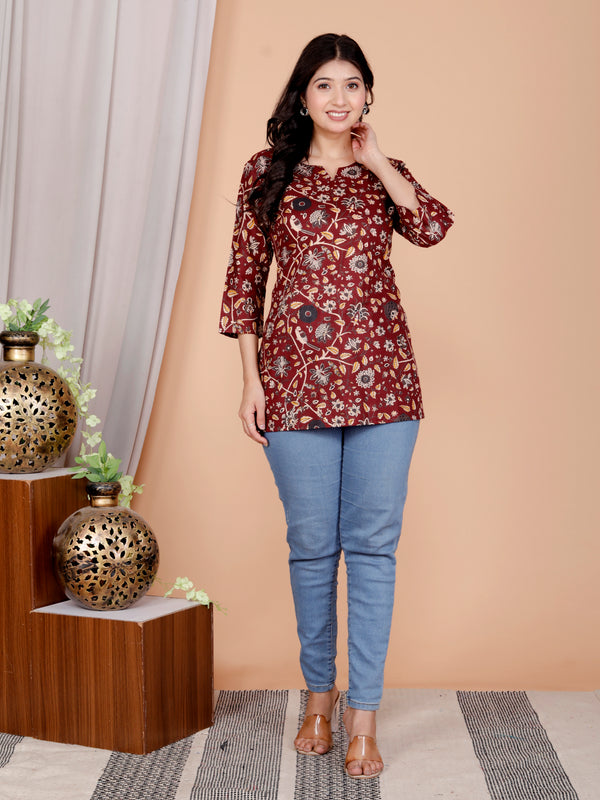 Maroon Bird Printed Short Kurti Cotton Blend